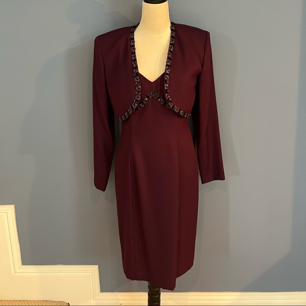 Vintage 1990s Alex Evenings Beaded Plum Colored  Cocktail Dress w/Jacket Size 8.